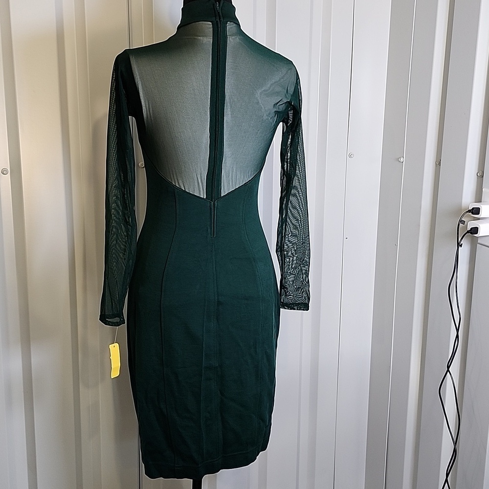 Tadashi Shoji Vintage Dark Green Mesh Insert Long Sleeve Dress Size Small - Picture 2 of 10